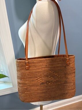 Vintage Woven Rattan Tote Bag | Brown Basket Purse | Boho Coastal Market Bag